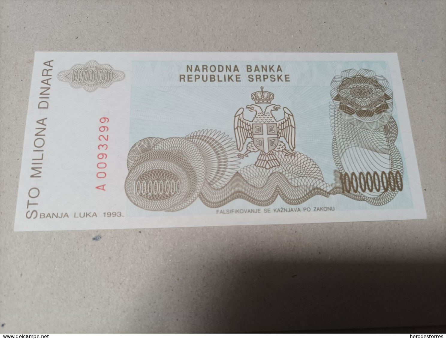 Billete Serbia, 100000000 Dinara, Año 1993, Serie A0093299, Nº Bajisimo, UNC - Serbien