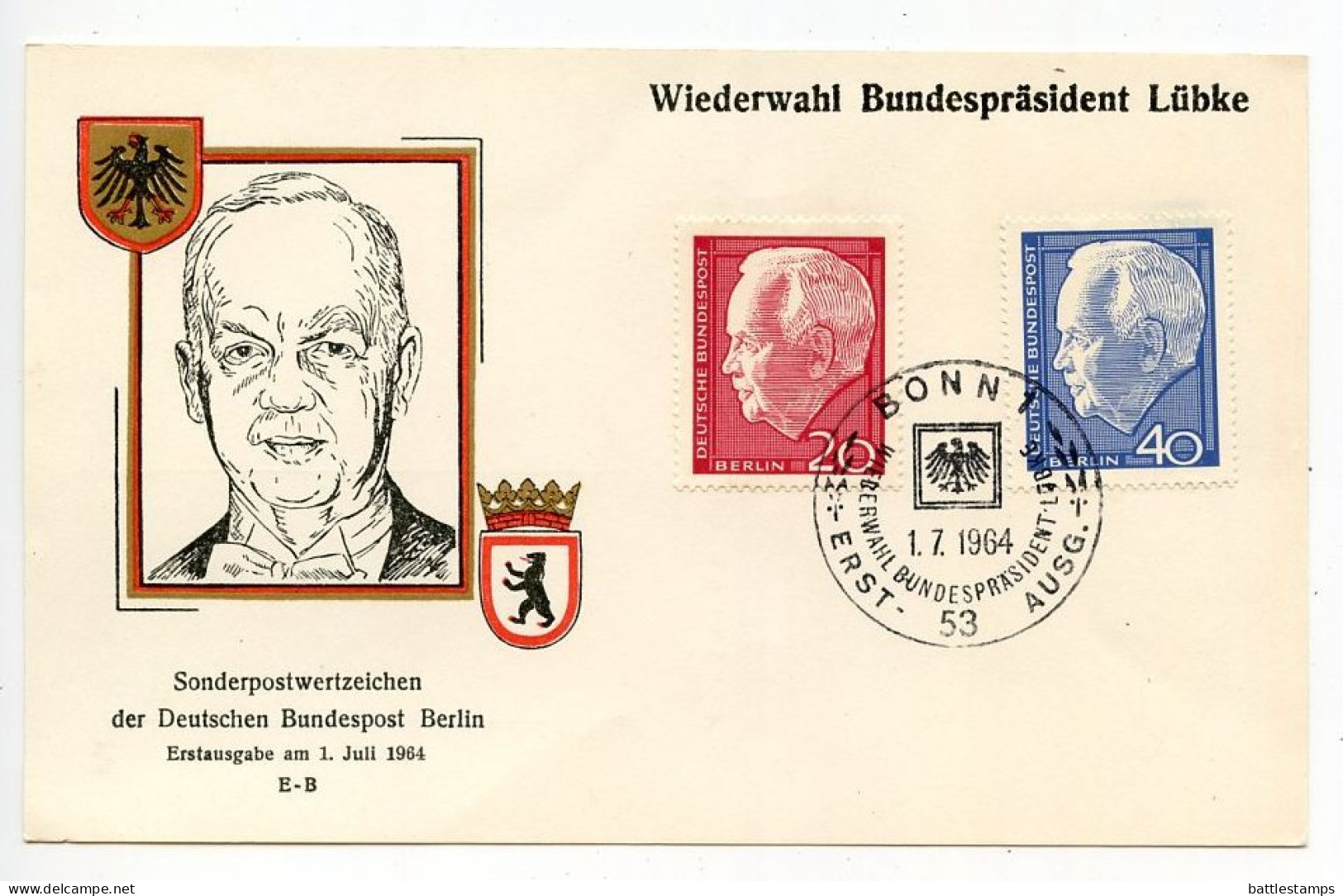 Germany, Berlin 1964 FDC Postcard Scott 9N211-9N212 President Dr. Heinrich Lübke; Bonn Postmark - 1948-1970