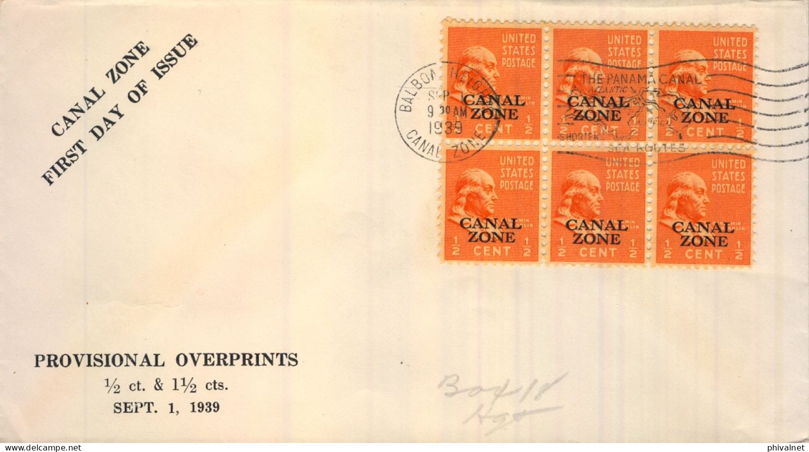 1939 CANAL ZONE , BALBOA HEIGHTS , PRIMER DIA , FIRST DAY COVER , YV. 104 BL/6 - Zona Del Canale / Canal Zone