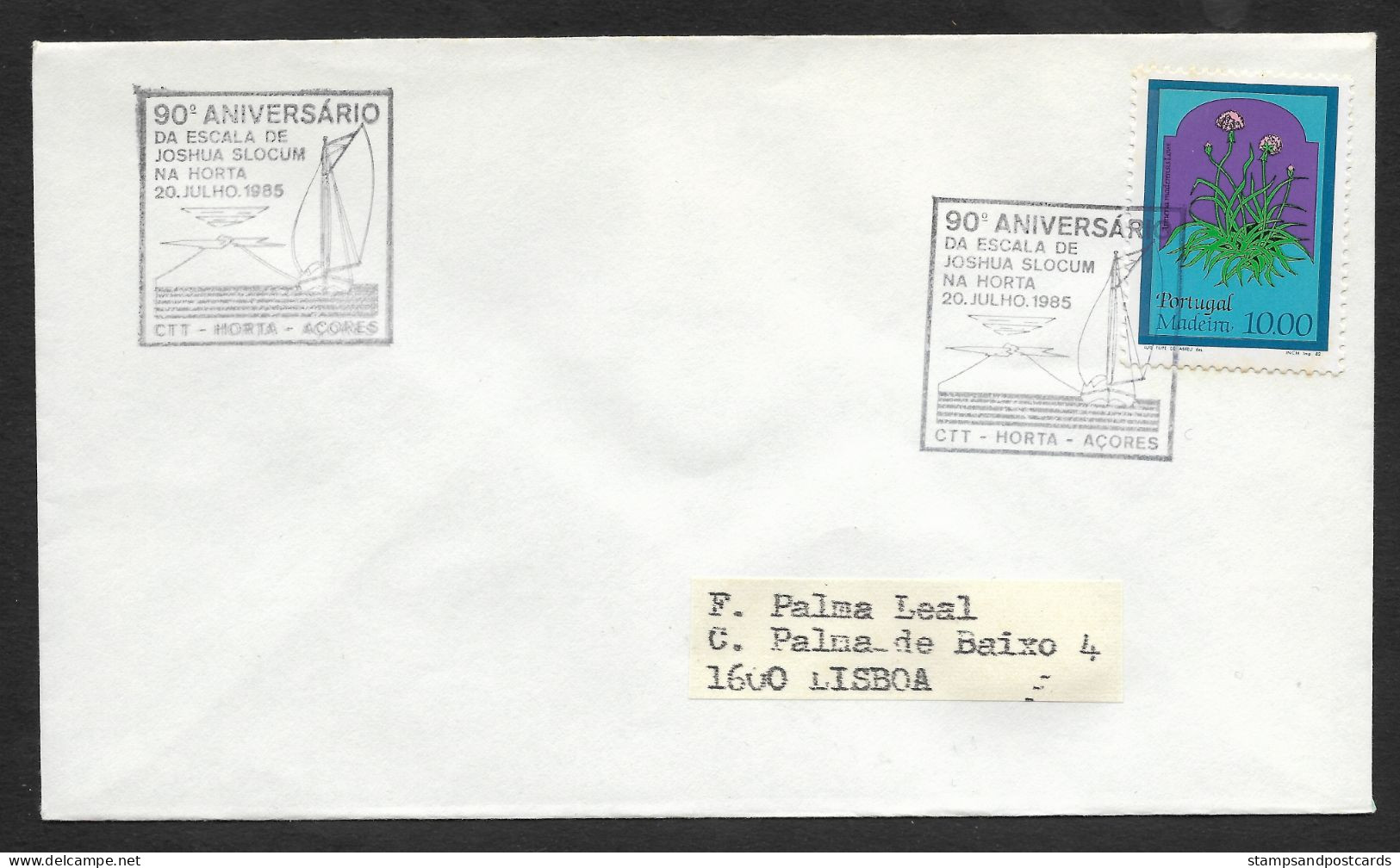 Portugal Cachet Commémoratif Joshua Slocum Voile Circumnavigation Horta Açores 1985 Event Postmark Azores Sailing - Sellados Mecánicos ( Publicitario)