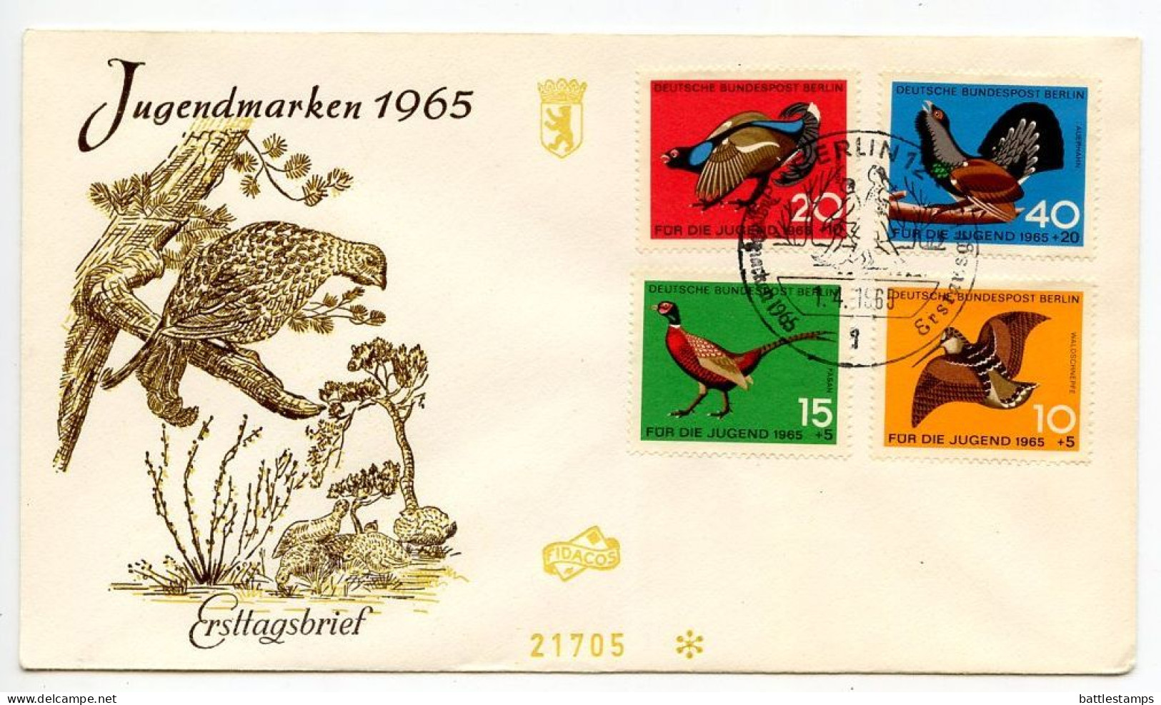 Germany, Berlin 1965 FDC Scott 9NB29-9NB32 Birds - Woodcock, Ring-necked Pheasant, Black Grouse, Capercaillie - 1948-1970