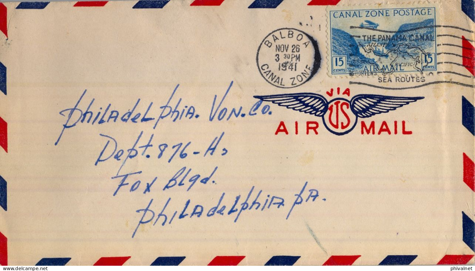 1941 CANAL ZONE , BALBOA - PHILADELPHIA , CORREO AÉREO , YV. 7 AÉR - Canal Zone