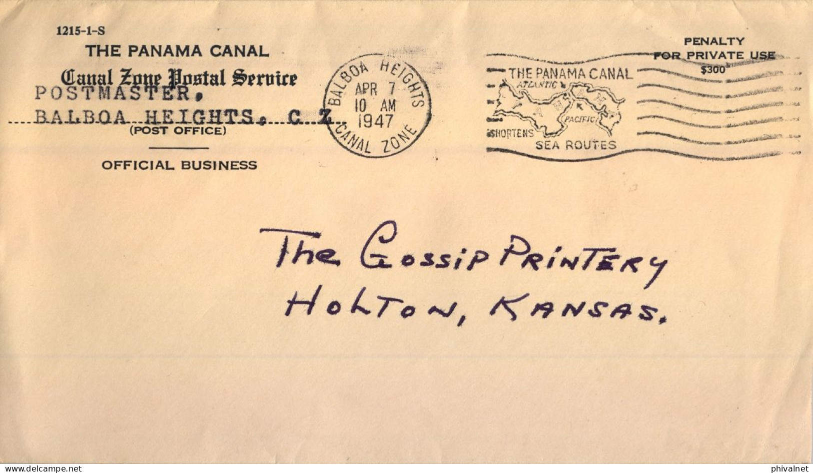 1947 CANAL ZONE , BALBOA HEIGHTS - HOLTON , CANAL ZONE POSTAL SERVICE , POSTMASTER , CORREO OFICIAL - Zona Del Canale / Canal Zone