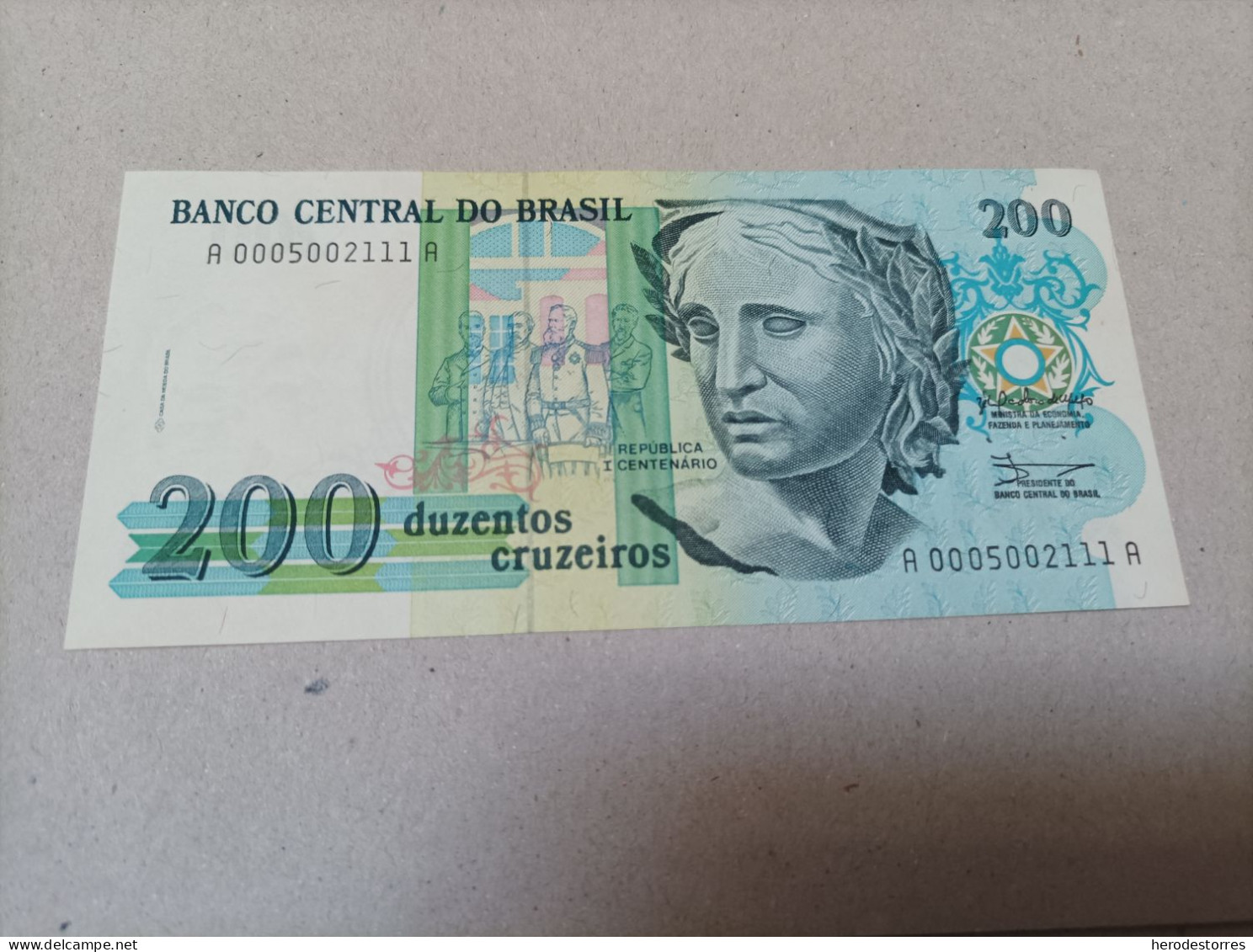 Billete Brasil 200 Cruzeiros, Año 1990, Serie AA, Nº Bajisimo, UNC - Brasil