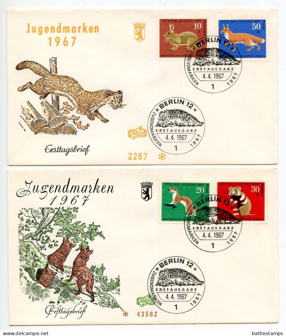 Germany, Berlin 1967 2 FDCs Scott 9NB45-9NB48 Animals - Rabbit, Ermine, Hamster, Red Fox - 1948-1970