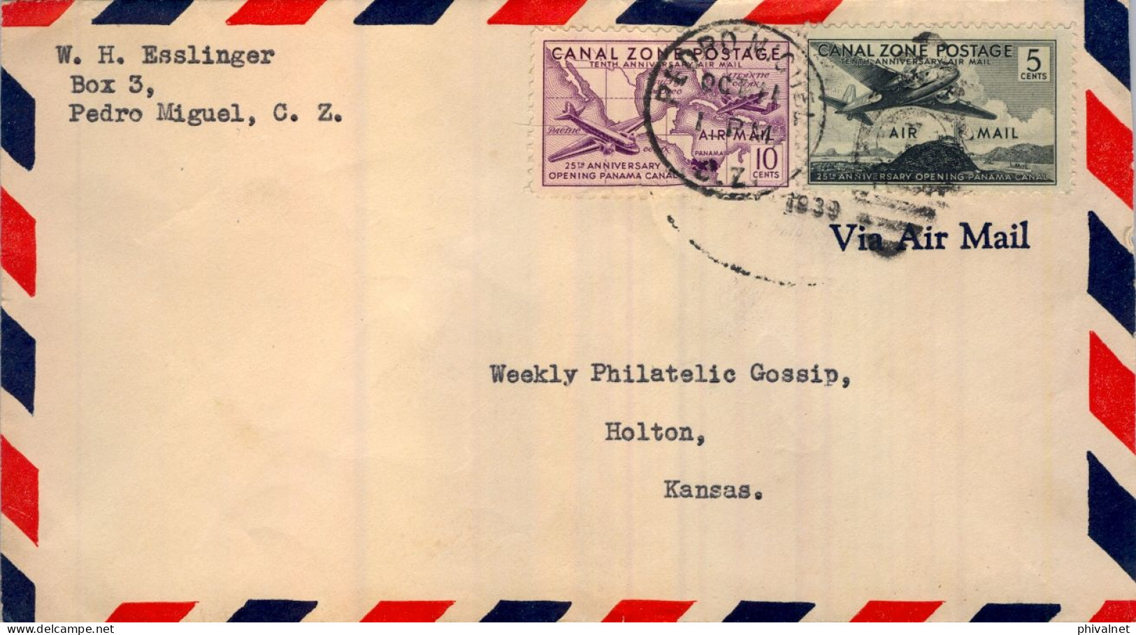 1939 CANAL ZONE , PEDRO MIGUEL - HOLTON , CORREO AÉREO , YV. 11 , 12 AÉREOS , 25º ANIVERSARIO APERTURA DEL CANAL - Kanaalzone