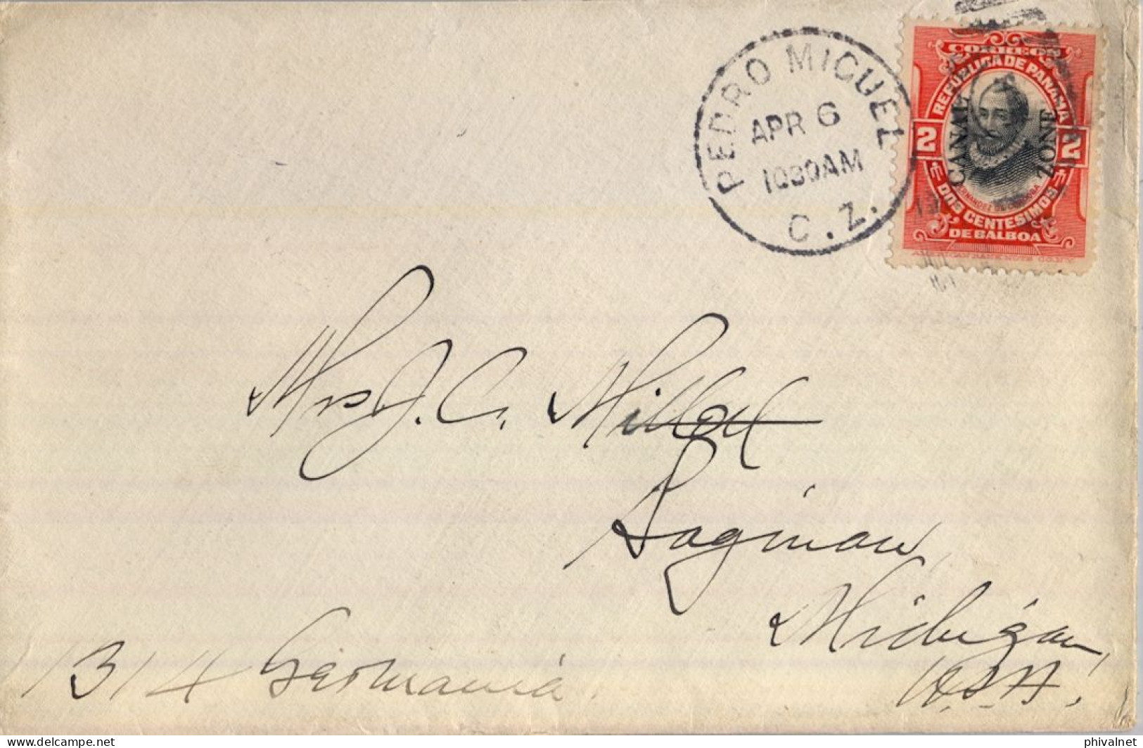 1911 CANAL ZONE , PEDRO MIGUEL - SAGINAW , SOBRE CIRCULADO CON LLEGADA AL DORSO , YV. 19 - FERNÁNDEZ DE CÓRDOBA - Zona Del Canale / Canal Zone