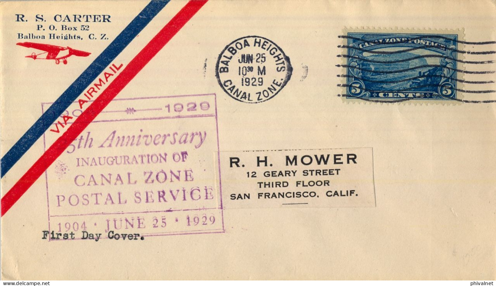 1929 CANAL ZONE , BALBOA HEIGHTS - SAN FRANCISCO , CORREO AÉREO , 25 ANIVERSARIO INAUGURACIÓN DEL SERVICIO POSTAL - Zona Del Canal