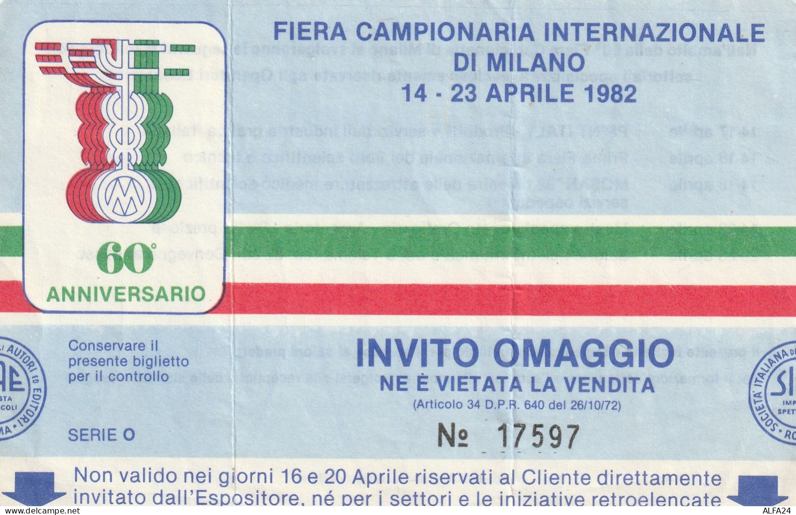 FIERA CAMPIONARIO INVITO OMAGGIO  1982 (MH763 - Eintrittskarten