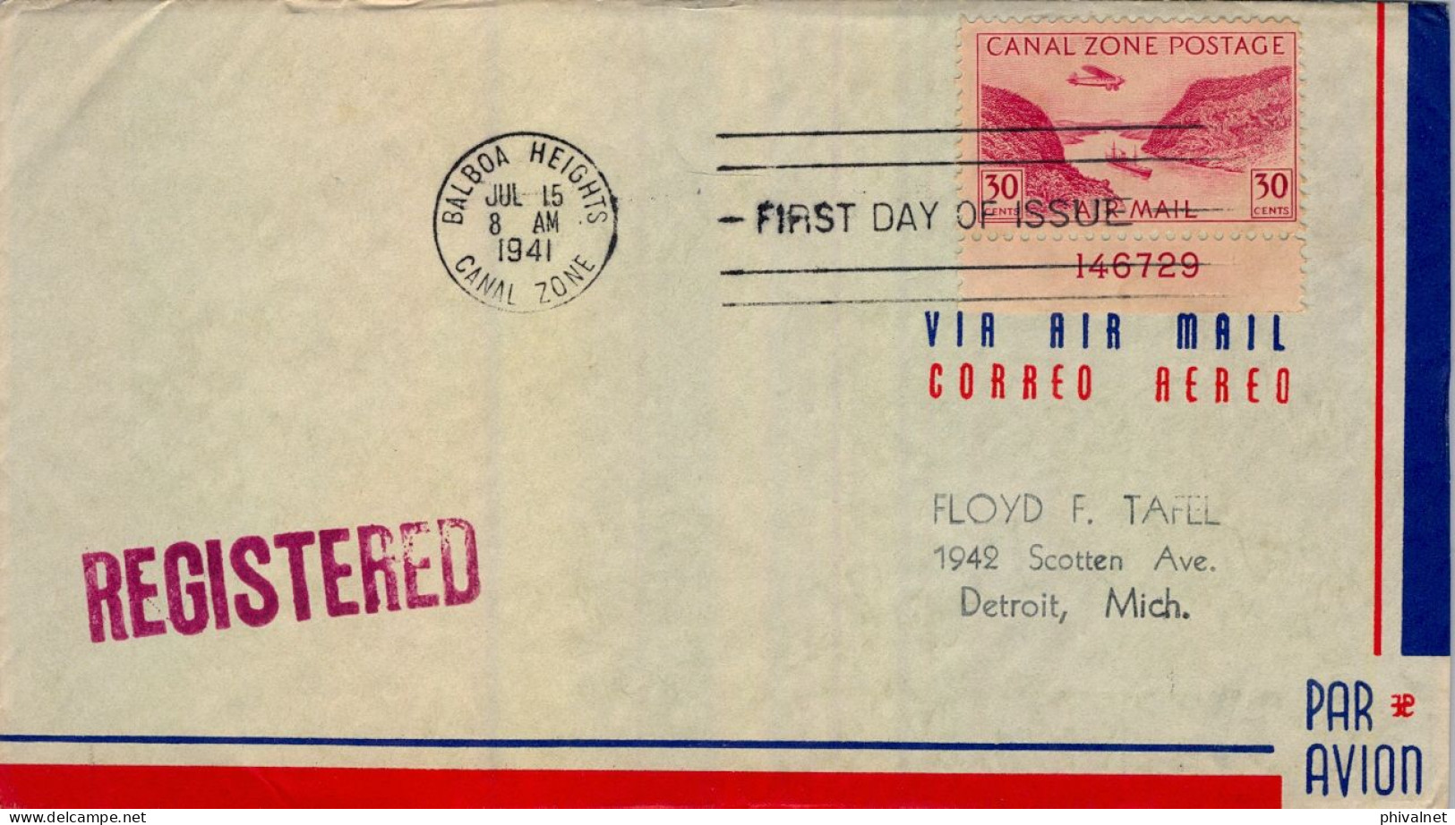 1941 CANAL ZONE , BALBOA HEIGHTS - DETROIT , PRIMER DIA , FIRST DAY COVER , YV. 8A AÉR. VISTA DEL CANAL - Canal Zone