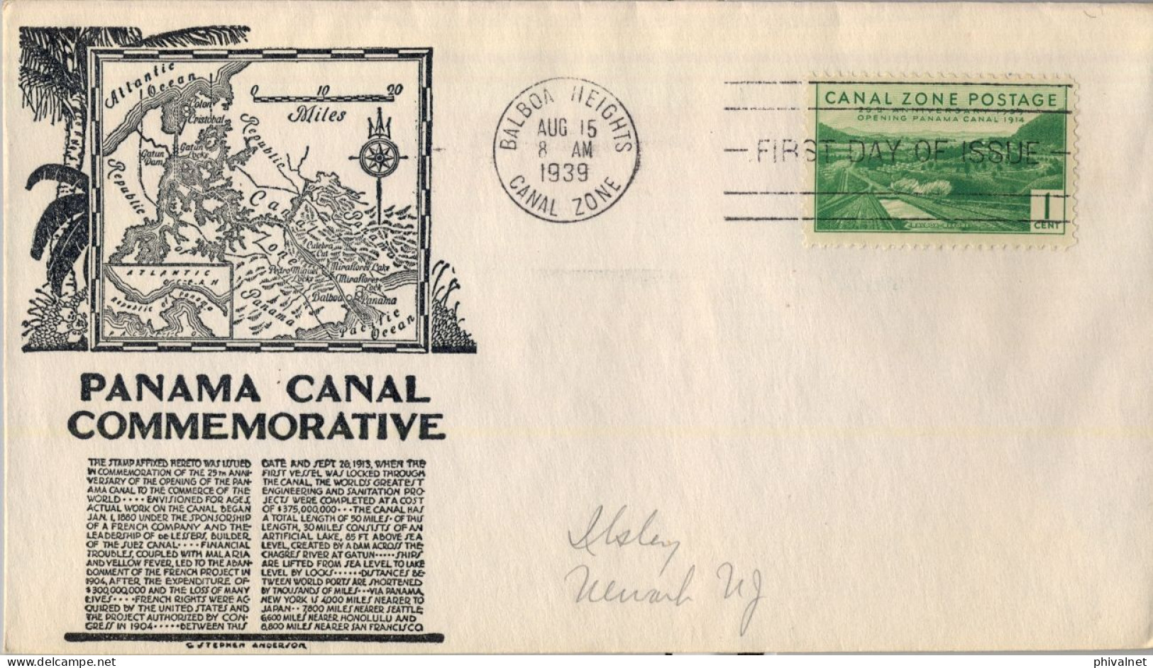 1939 CANAL ZONE , BALBOA HEIGHTS , FIRST DAY COVER , YV. 88 - 25º ANIVERSARIO APERTURA DEL CANAL - Kanalzone