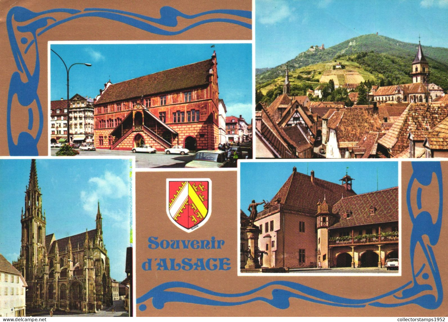 ALSACE, MULTIPLE VIEWS, ARCHITECTURE, CARS, EMBLEM, STATUE, CHURCH, FRANCE, POSTCARD - Alsace