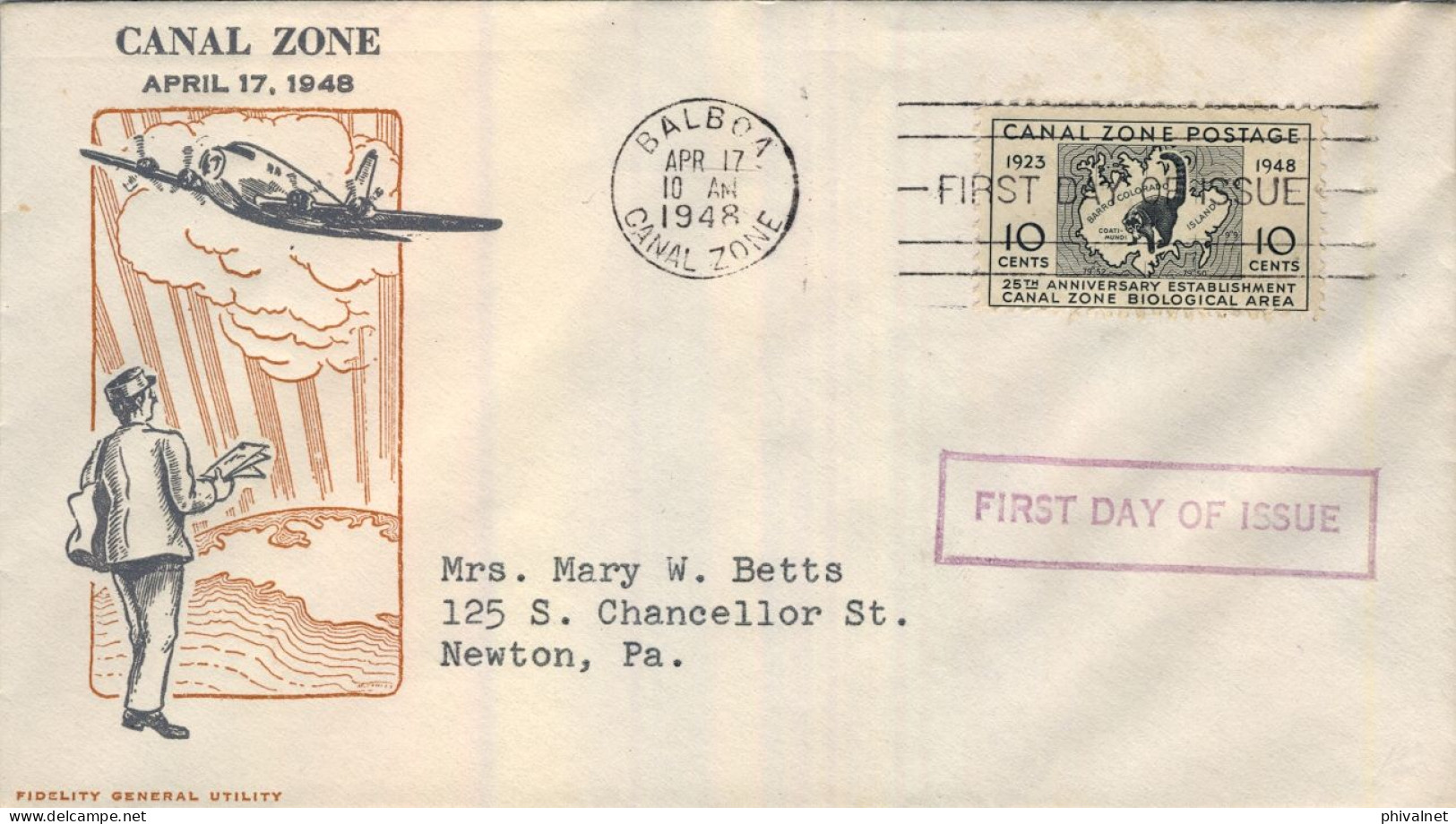 1948 CANAL ZONE , BALBOA - NEWTON , PRIMER DIA , FIRST DAY COVER , 25 ANIVERSARIO ÁREA BIOLÓGICA DEL CANAL - Canal Zone