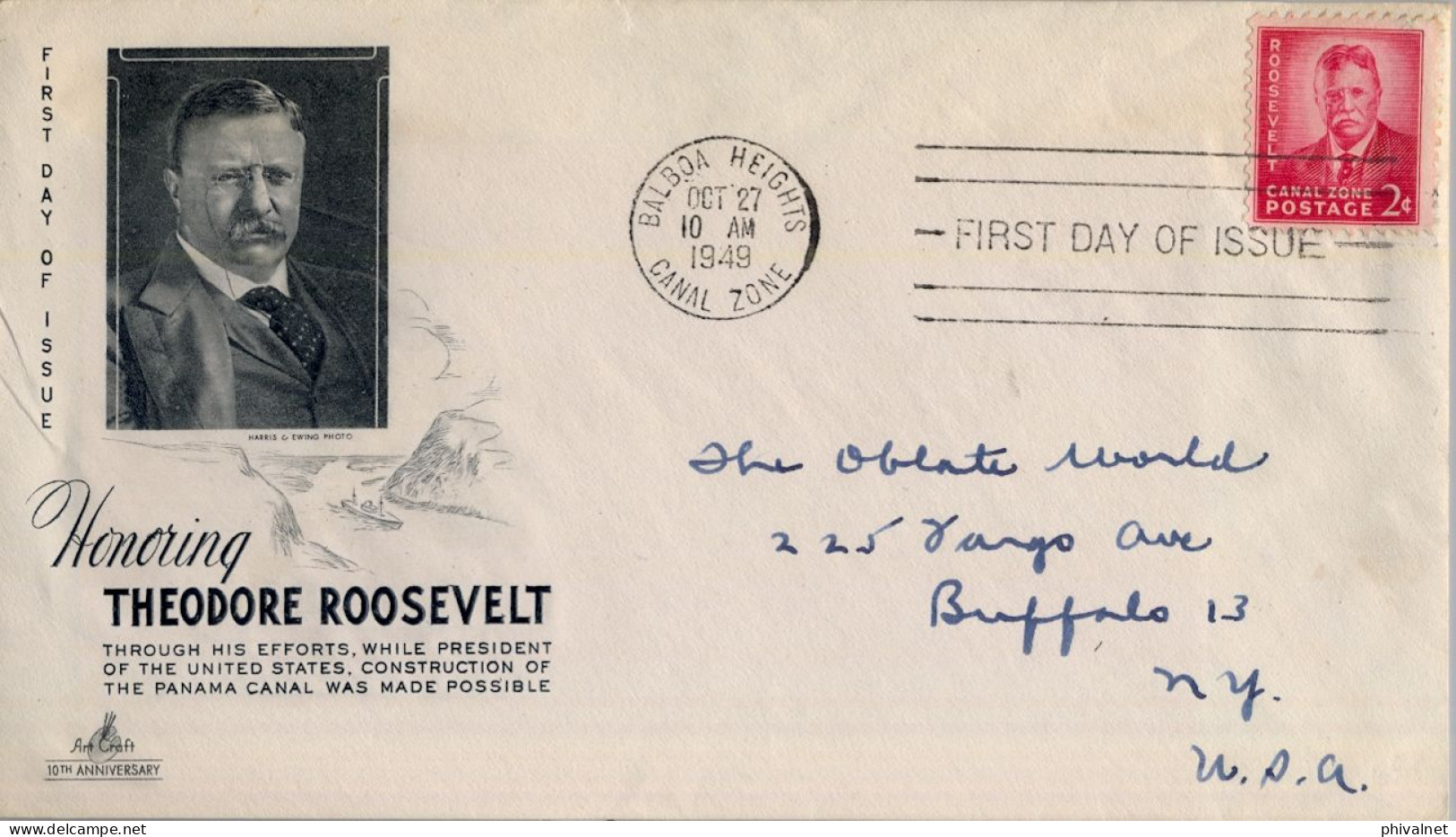 1949 CANAL ZONE , BALBOA HEIGHTS - BUFFALO , FIRST DAY COVER , YV. 108 - THEODORE ROOSEVELT - Canal Zone