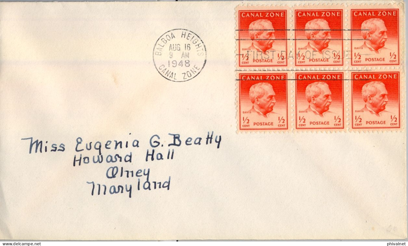 1948 CANAL ZONE , BALBOA HEIGHTS - MARYLAND , FIRST DAY COVER , 106 BL/6 - G.W. DAVIS - Canal Zone