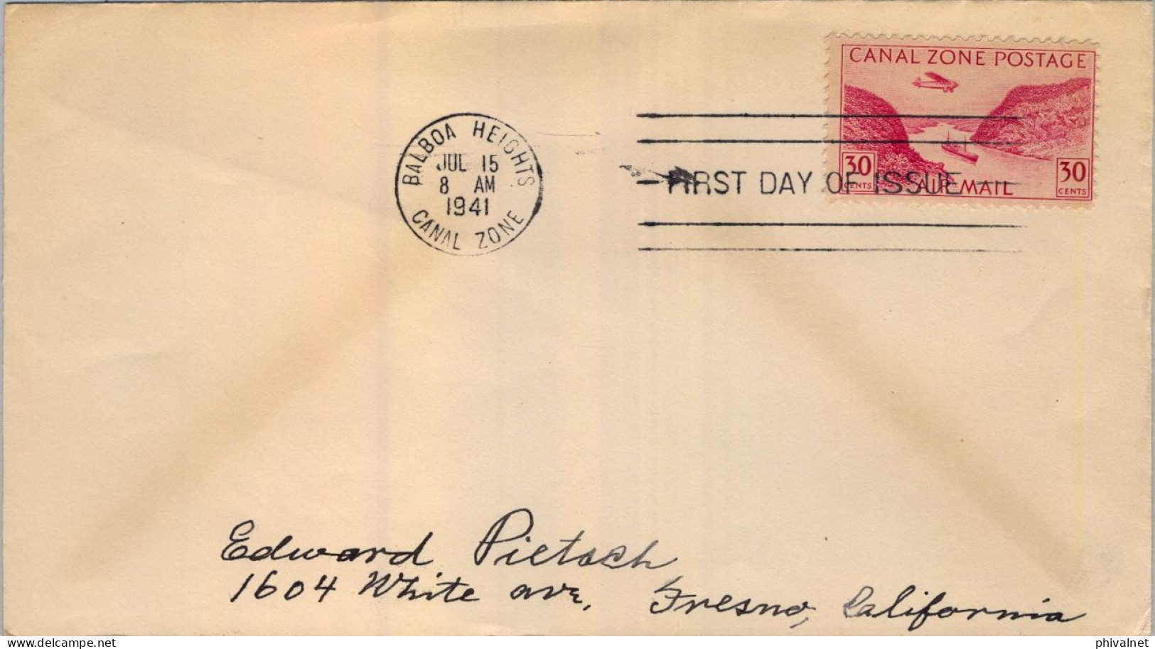 1941 CANAL ZONE , BALBOA HEIGHTS - FRESNO , FIRST DAY COVER , YV. 8A AÉREO - Canal Zone