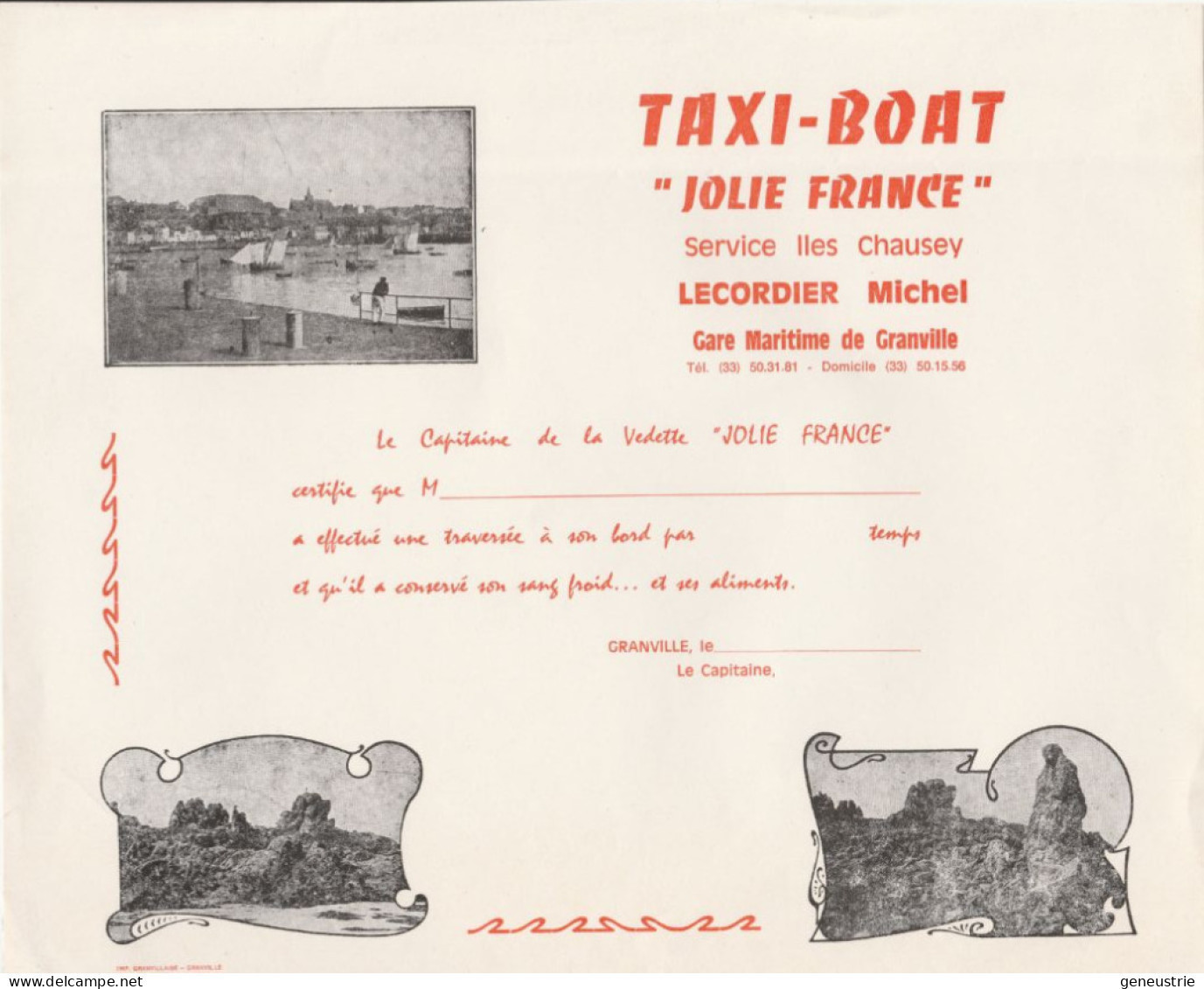 Document (diplôme De Traversée) Années 70 - Granville "Taxi-Boat Jolie France, Service Iles Chausey" Normandie - Altri & Non Classificati