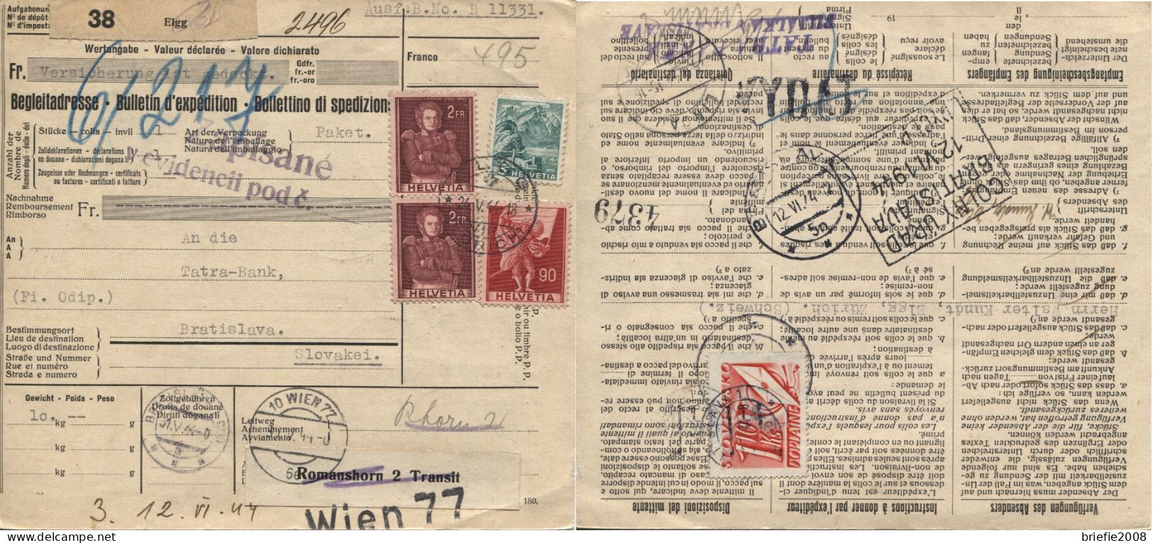 Slowakei Porto Porto # 31 Paket -Postbegleitadresse Schweiz 24.5.44 > Tatra-Bank - Covers & Documents