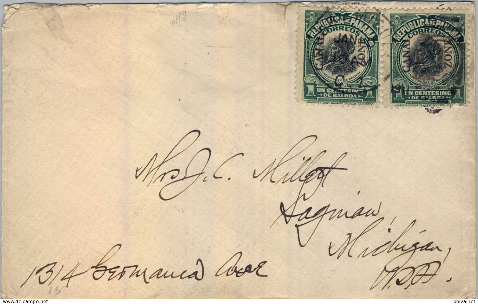 1911 CANAL ZONE , PEDRO MIGUEL - SAGINAW , SOBRE CIRCULADO , LLEGADA AL DORSO . YV. 18 - NÚÑEZ DE BALBOA - Canal Zone