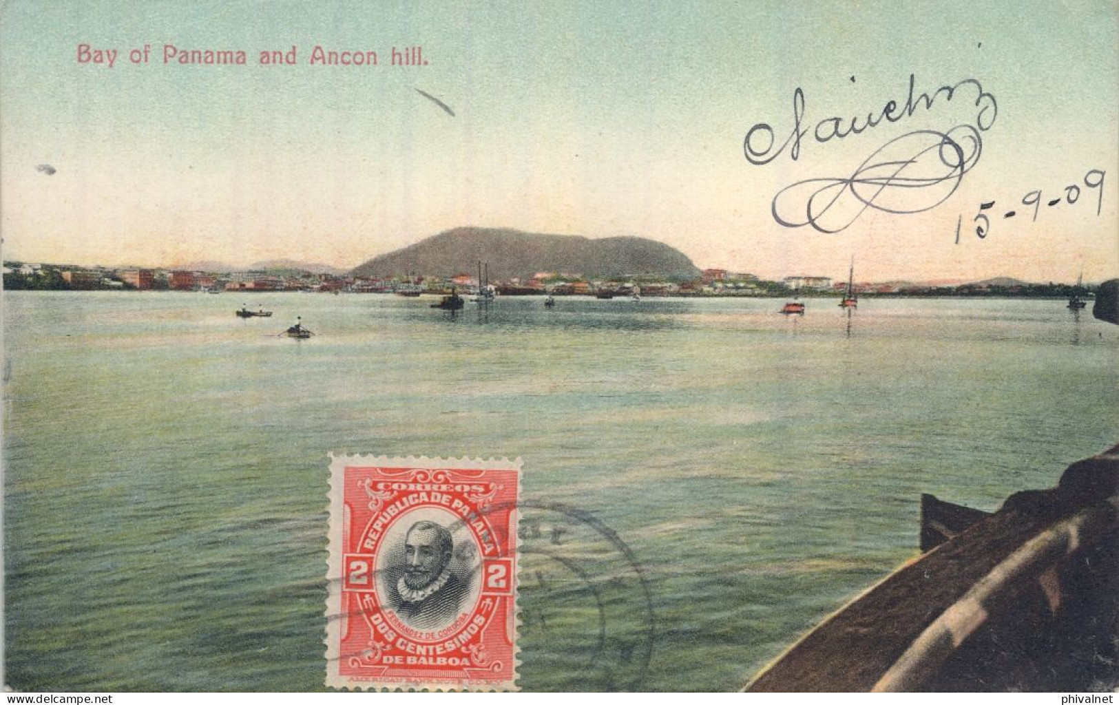 1909 CANAL ZONE , T.P. CIRCULADA A DINAMARCA , YV. 19 - FERNÁNDEZ DE CÓRDOBA , " BAY OF PANAMA  AND ANCON HILL " - Canal Zone