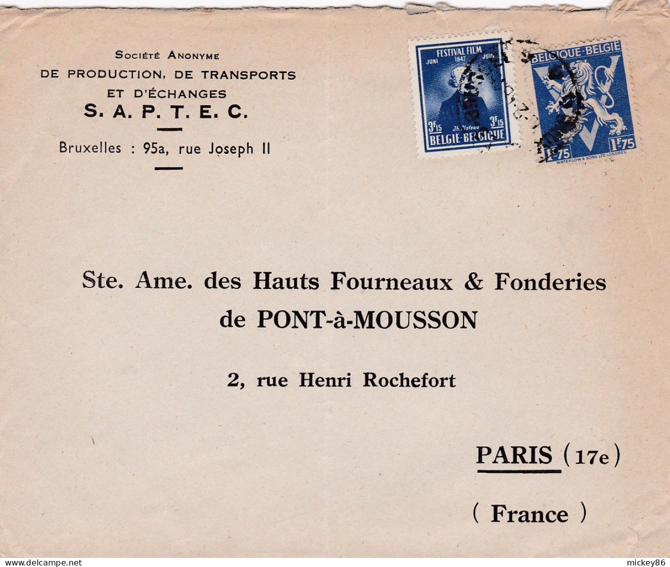 Belgique --Lettre De BRUXELLES Pour PARIS-75 (France)..timbres...personnalisée  S.A.P.T.E.C - Storia Postale