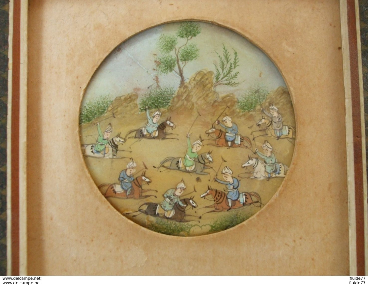 @ Peinture Sur Nacre ( Cadre Bois ) , Téhéran Années 1970 , Combattants ( Cavaliers ) @ - Oriental Art