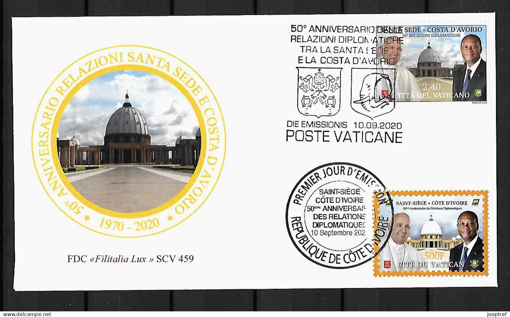 RARE 2020 Joint/Congiunta Vatican And Ivory Coast, MIXED FDC WITH BOTH STAMPS: Diplomatic Relations - Emissions Communes