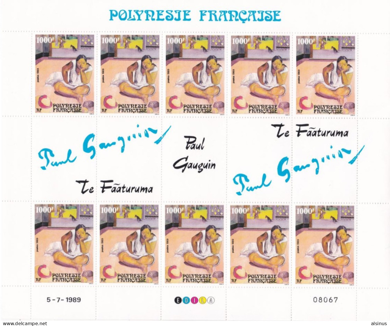 POLYNESIE FRANCAISE - 1989 - N° 346 MULTICOLORE - 1000 F -  PAUL GAUGUIN - PLANCHE COMPLETE DE 10 TIMBRES - ETAT NEUF - Nuevos