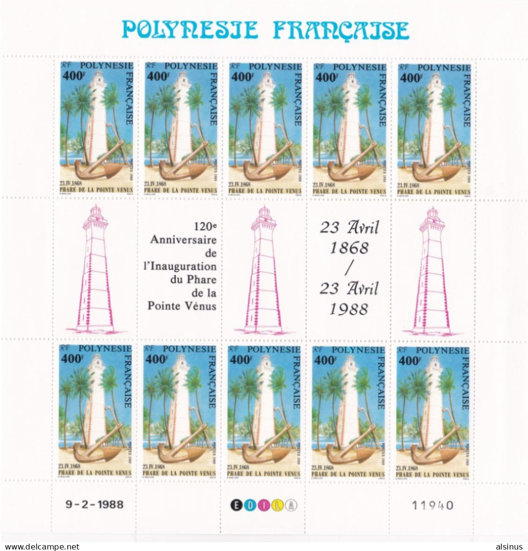 POLYNESIE FRANCAISE - 1988 - N° 302 MULTICOLORE - 400  - PHARE DE LA POINTE - PLANCHE COMPLETE DE 10 TIMBRES - ETAT NEUF - Ongebruikt