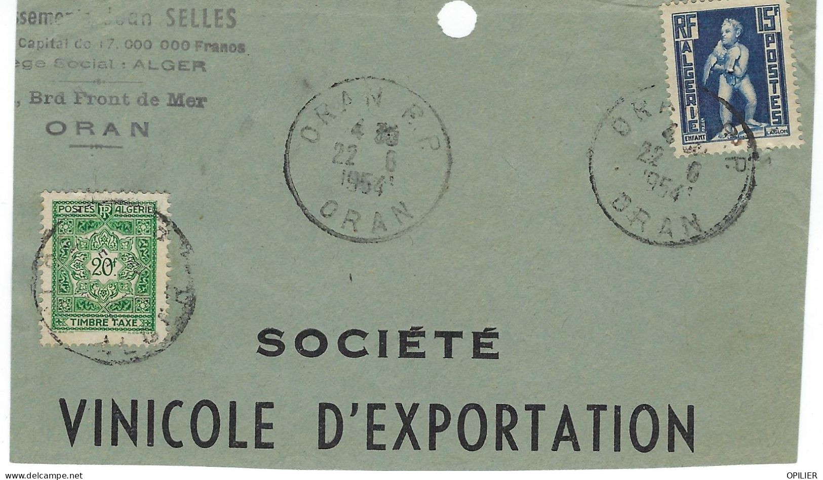 Oran RP 22 Juin 1954 FRAGMENT Timbre 15F Taxe 20! - Strafport