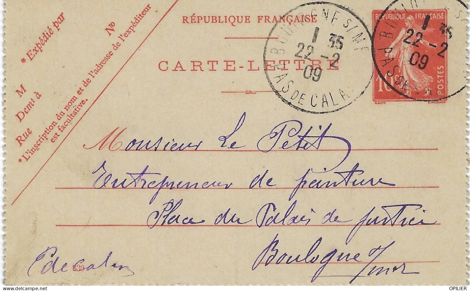 Semeuse 10c Rouge Carte Lettre De Boulogne Sur Mer 22 Février 1909 Pour Boulogne - Cartoline-lettere