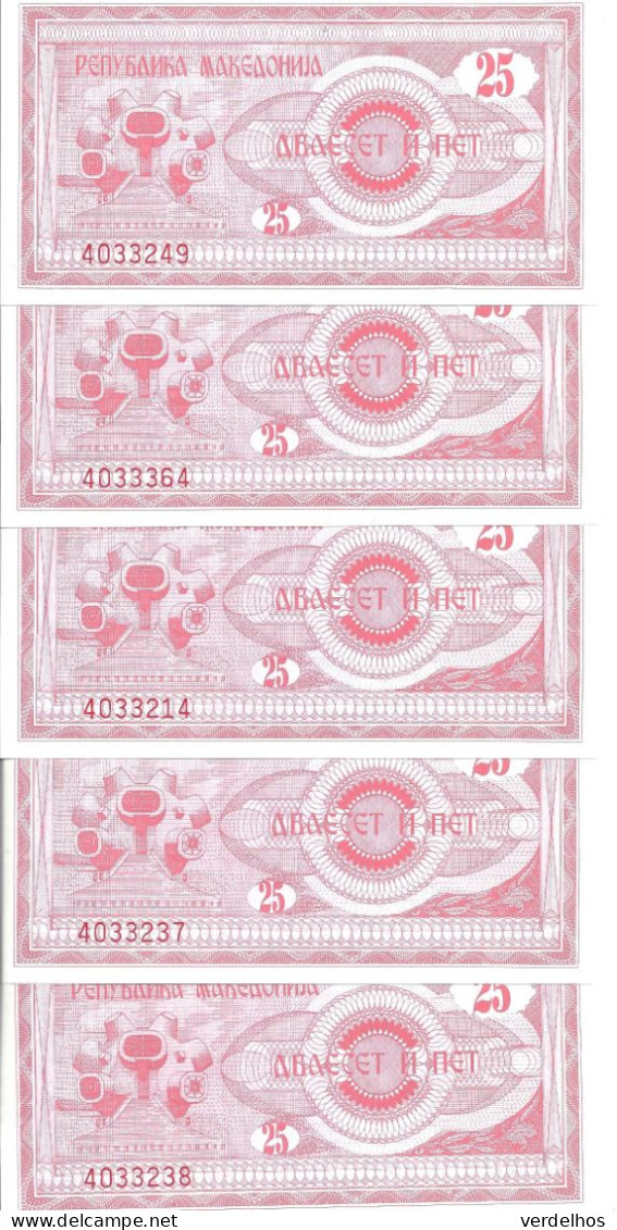 MACEDOINE 25 DENARI 1992 UNC P 2 ( 5 Billets ) - Nordmazedonien