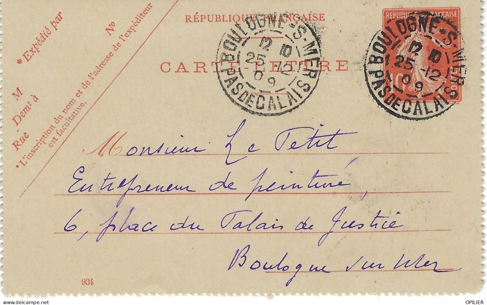 Semeuse 10c Rouge Carte Lettre De Boulogne Sur Mer 25 Décembre 1909 Pour Boulogne - Kartenbriefe