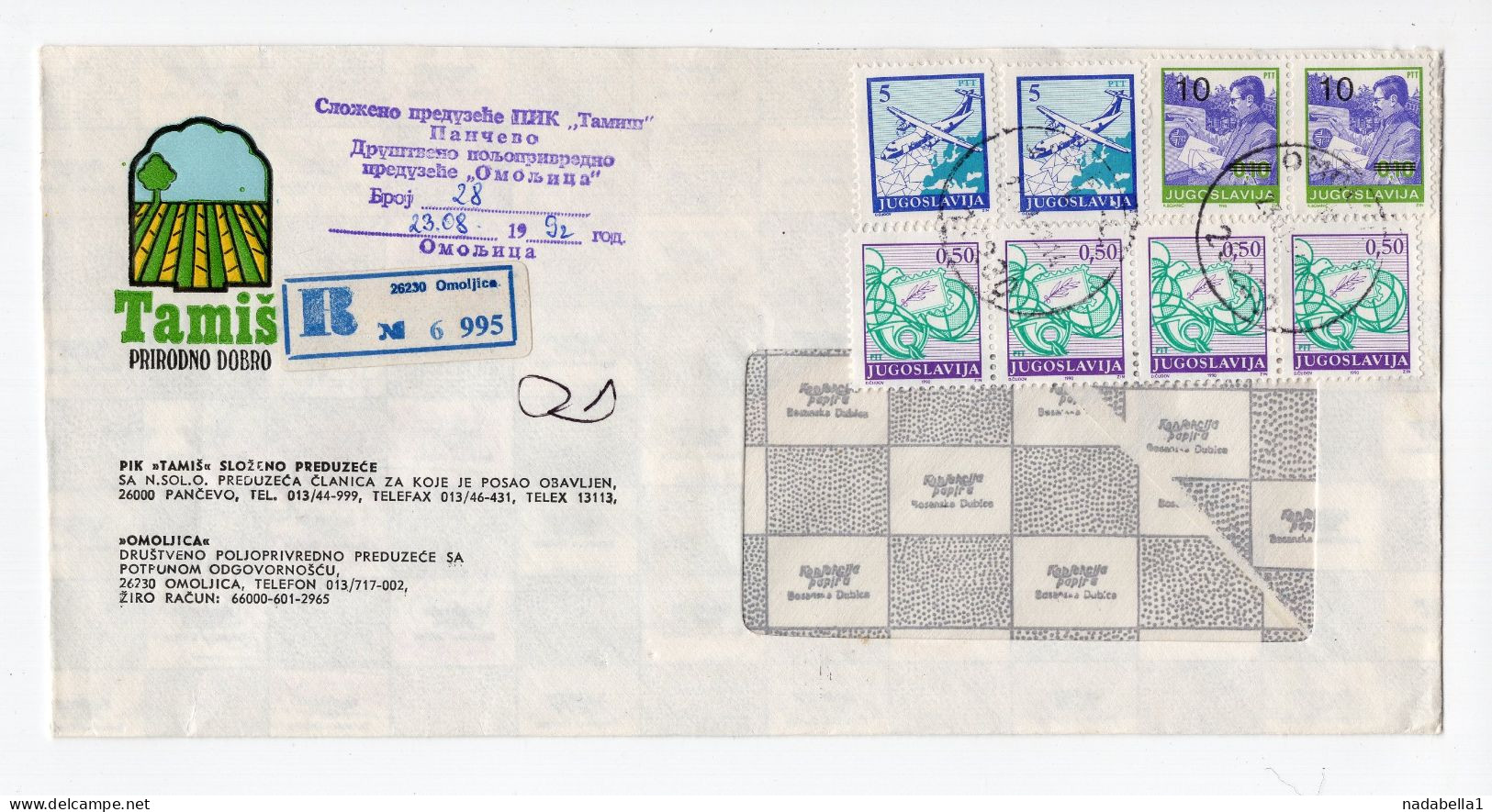 23.8.1992. INFLATIONARY MAIL,YUGOSLAVIA,SERBIA,OMOLJICA,TAMIŠ,HEADED COVER,INFLATION - Covers & Documents