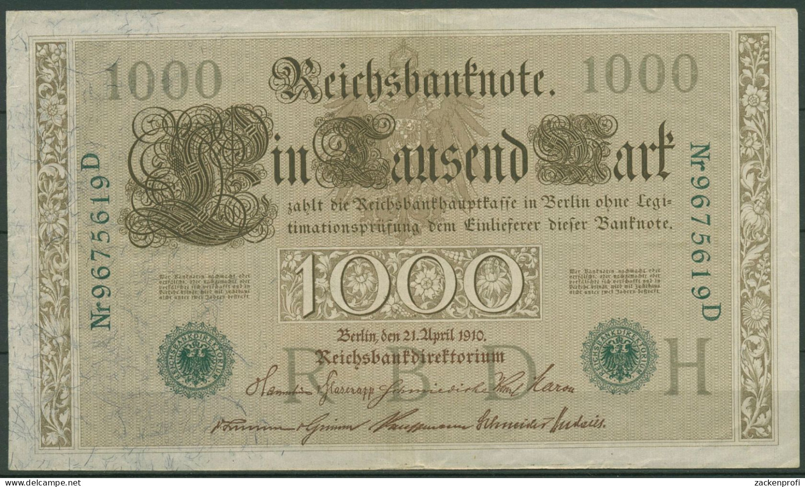 Dt. Reich 1000 Mark 1910, DEU-69b Serie H/D, Leicht Gebraucht (K1537) - 1000 Mark