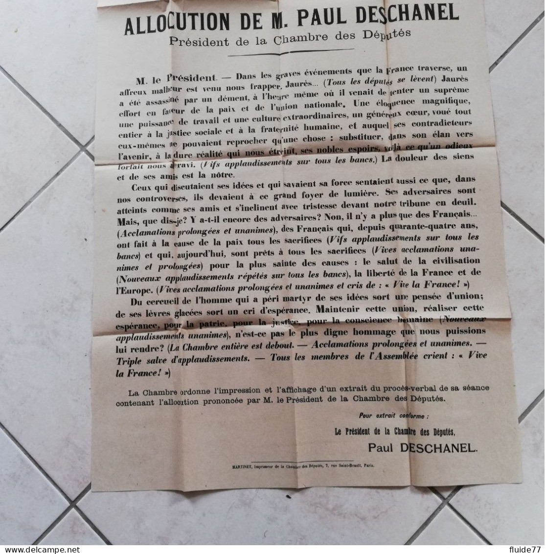 @ Ancienne Affiche WW1, Chambre Des Députés Du 4 Aout 1914 M.Paul DESCHANEL @ - Manifesti