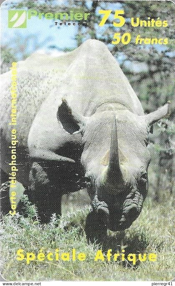 CARTE-PREPAYEE-PREMIER TELECOM-50F-SPECIAL-AFRIQ UE-RHINOCEROS-Exp 06/2001-V°Rectangle Bleu Interoute- TBE - Giungla