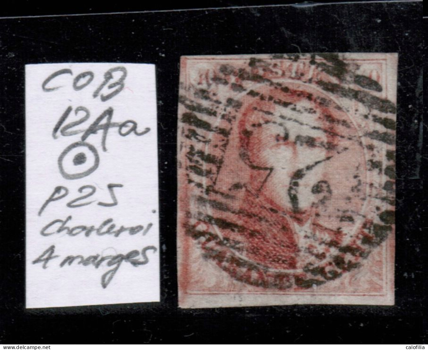 COB 12Aa Rose Rouge, 4 Marges, P 25, CHARLEROI, VAL COB 150 EUR - 1849 Schulterklappen