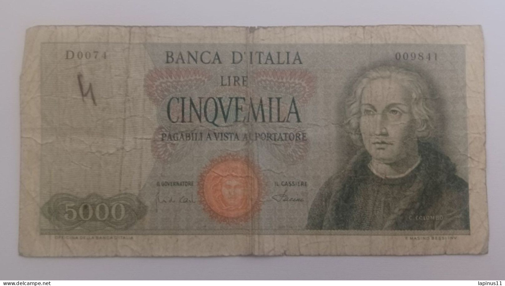 BANKNOTE MONEY PAPER 5000 LIRE I TYPE CRISTOFORO COLOMBO SERIES D 0074 CARLI -PACCINI 20-08-64 FAIR PRESERVATION SCS - 5000 Lire