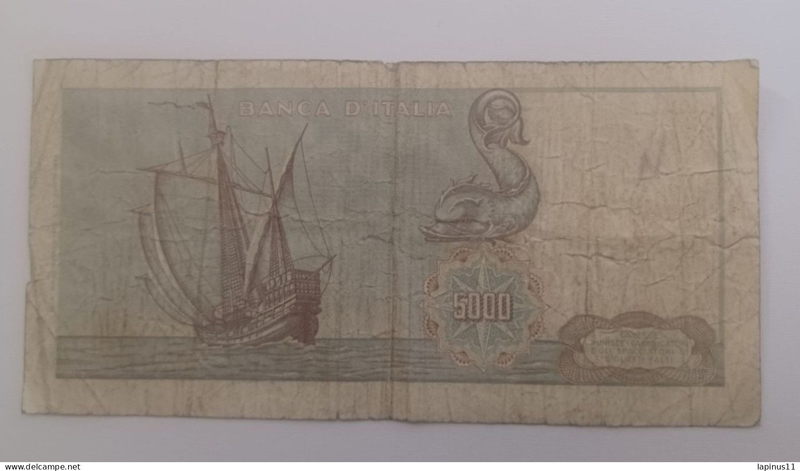 BANKNOTE MONEY PAPER 5000 LIRE I TYPE CRISTOFORO COLOMBO SERIES D 0074 CARLI -PACCINI 20-08-64 FAIR PRESERVATION SCS - 5000 Lire