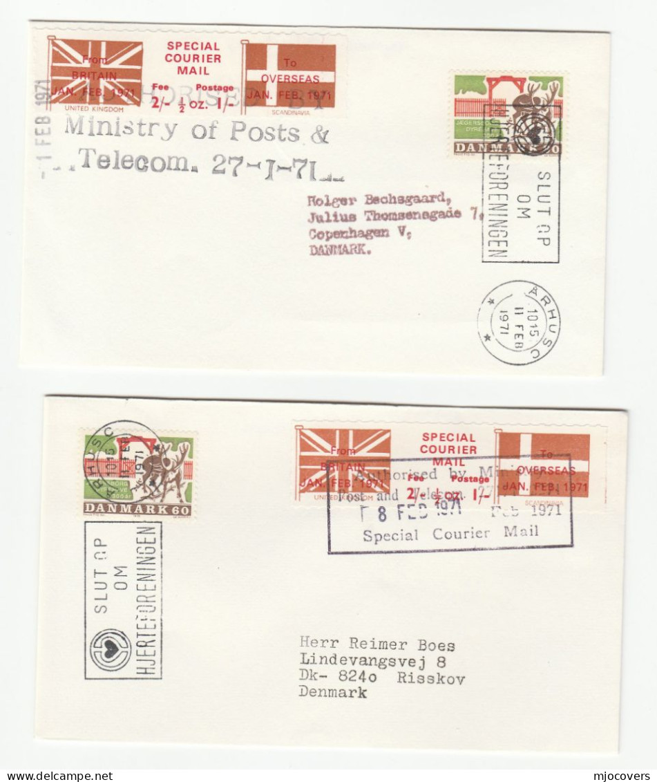 2 Cover 1971 GB POSTAL STRIKE Diff DENMARK COURIER MAIL LABEL Pmk COVERS - Cinderellas