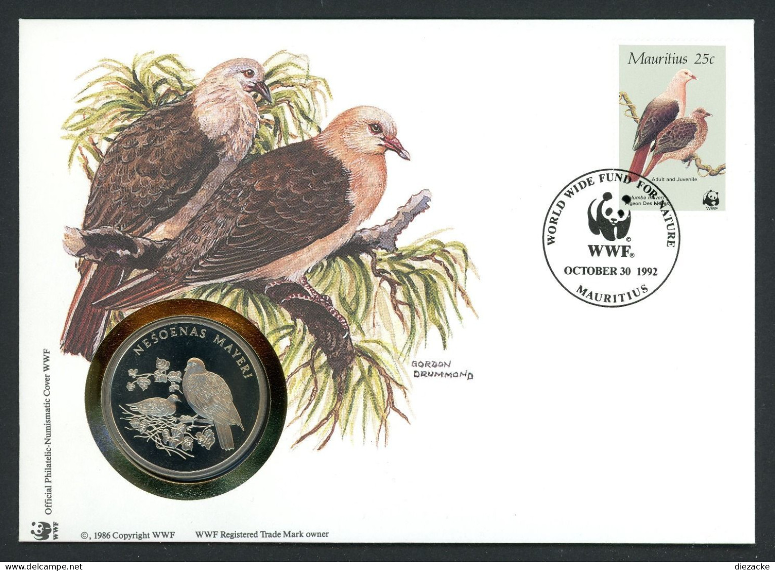 Mauritius 1992 Numisbrief Medaille Tauben 30 Jahre WWF, CuNi PP (MD814 - Ohne Zuordnung