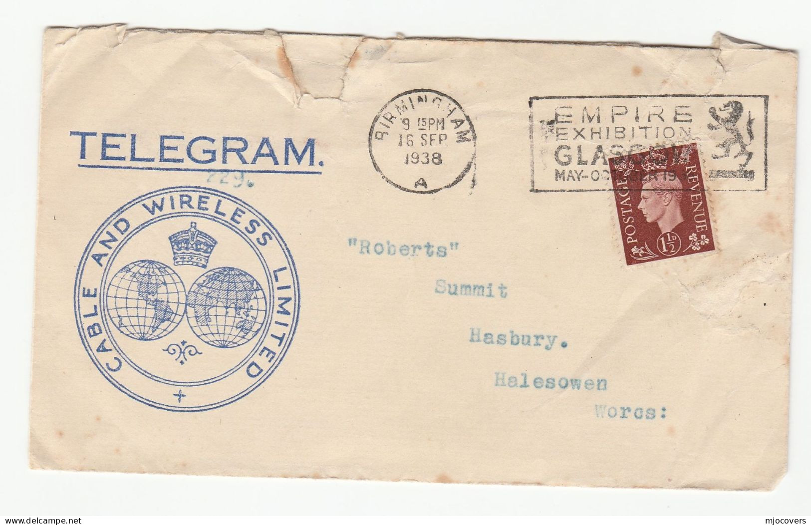 1938 GB Telegramme COVER Birmingham EMPIRE EXHIBITION Glasgow Gvi Stamps Telegraph Telecom Telegram - Covers & Documents