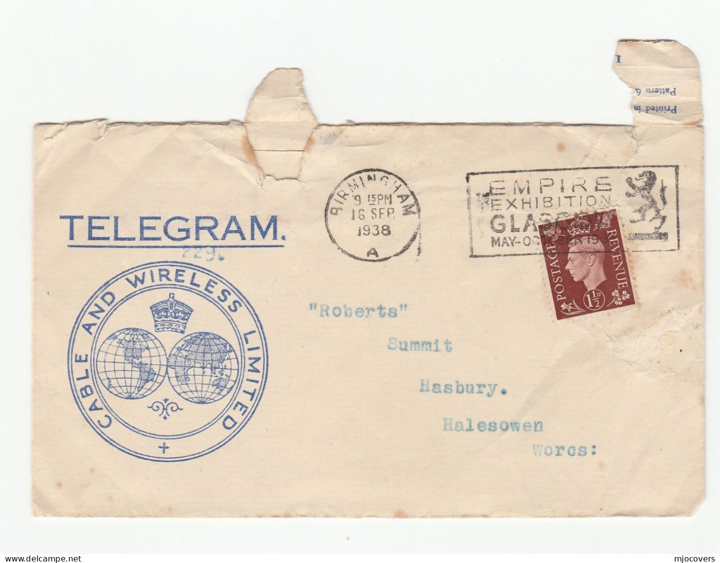 1938 GB Telegramme COVER Birmingham EMPIRE EXHIBITION Glasgow Gvi Stamps Telegraph Telecom Telegram - Covers & Documents