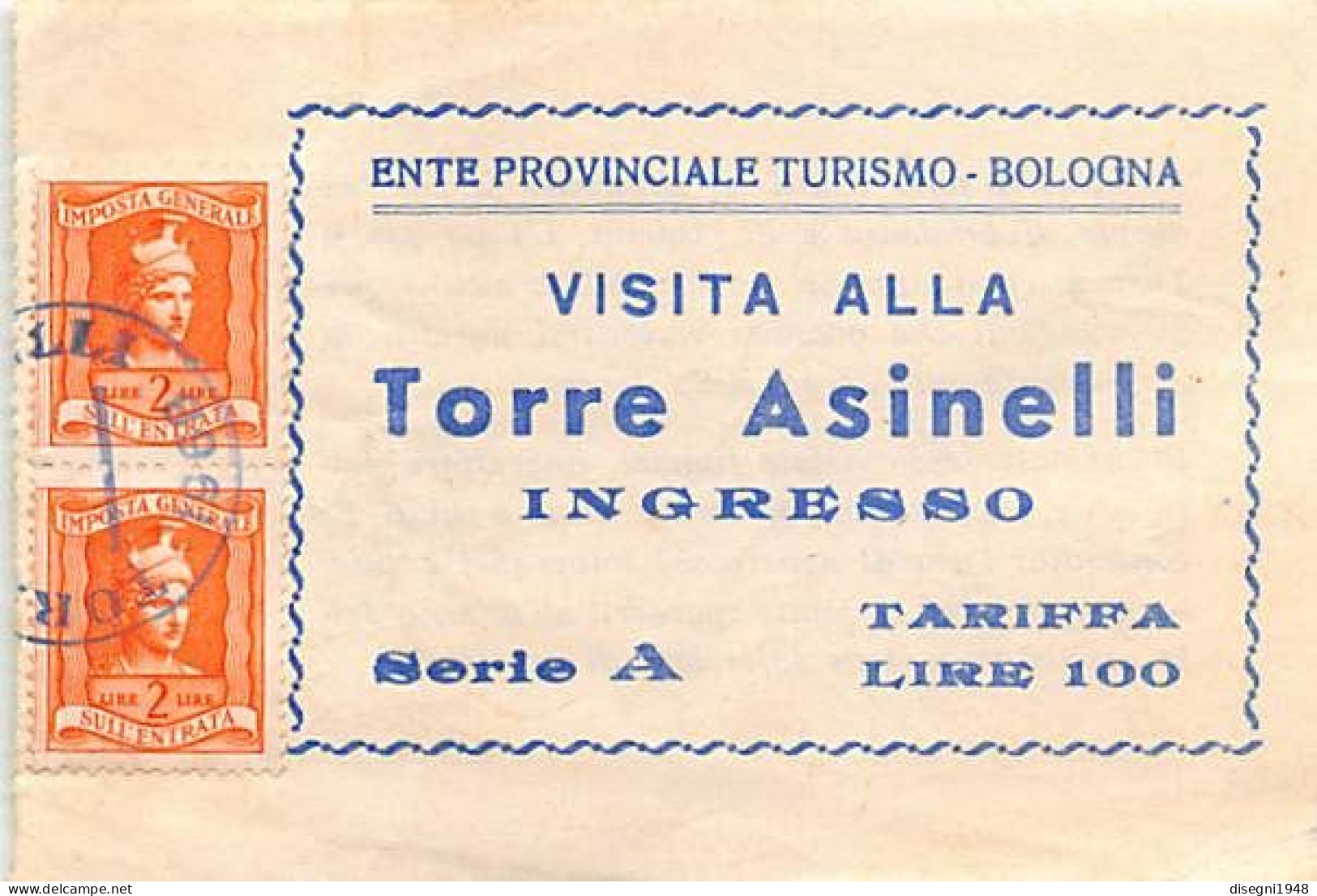 12708 "E. P, T. - BOLOGNA - VISITA ALLA TORRE DEGLI ASINELLI - 1968" BIGLIETTO D'INGRESSO ORIG. - Eintrittskarten