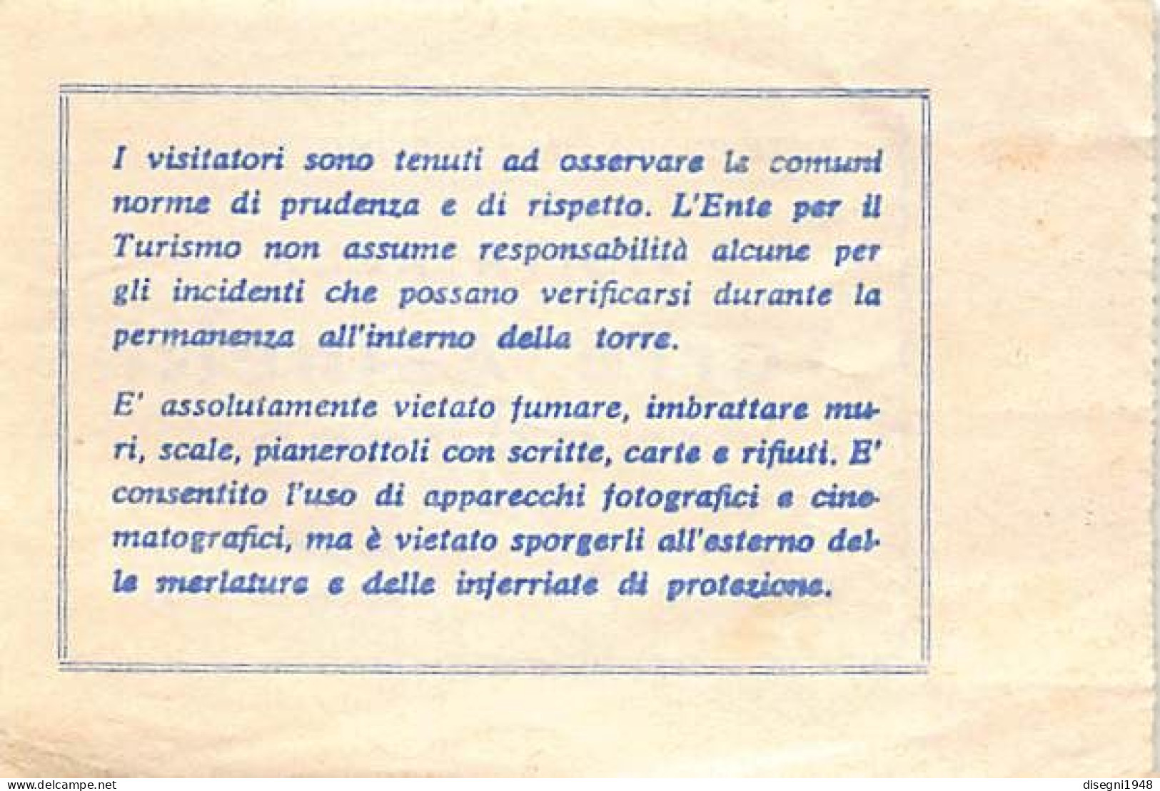 12708 "E. P, T. - BOLOGNA - VISITA ALLA TORRE DEGLI ASINELLI - 1968" BIGLIETTO D'INGRESSO ORIG. - Eintrittskarten