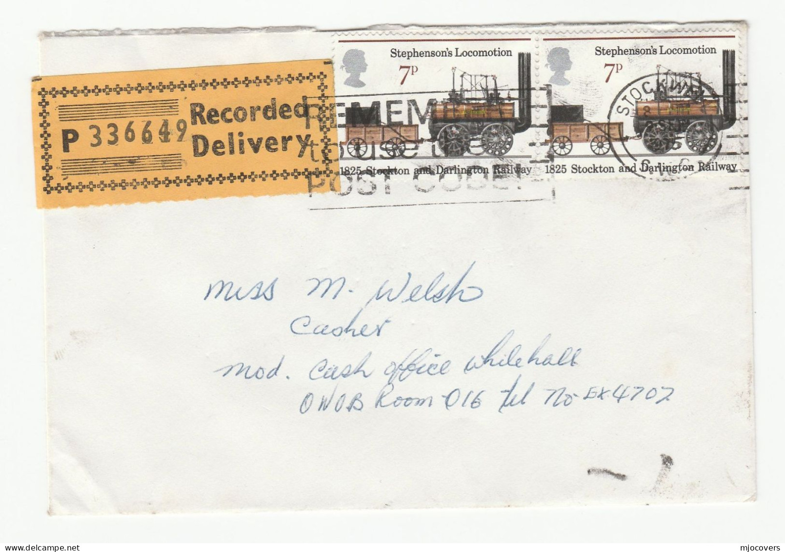 1975  RECORDED DELIVERY LABEL  Stockwell GB Cover Steam Train Stamps Railway - Lettres & Documents