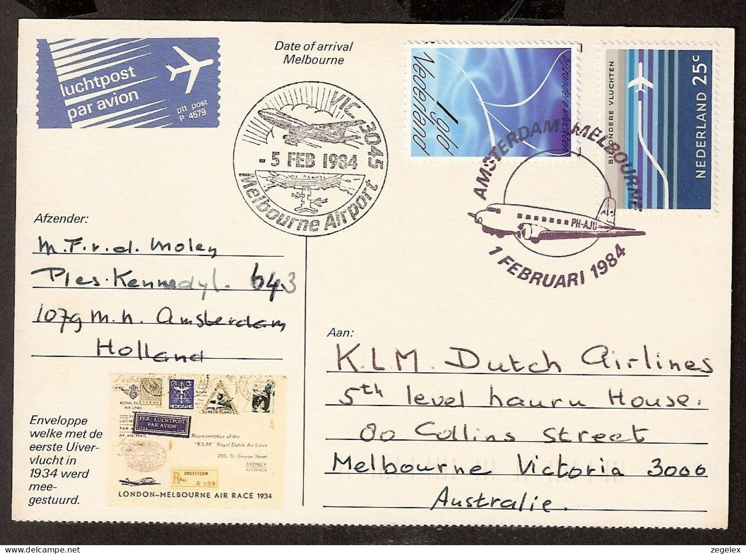 London-Melbourne 1934-1984 Uiver Memorial Flight - Melbourne Airport  - Storia Postale