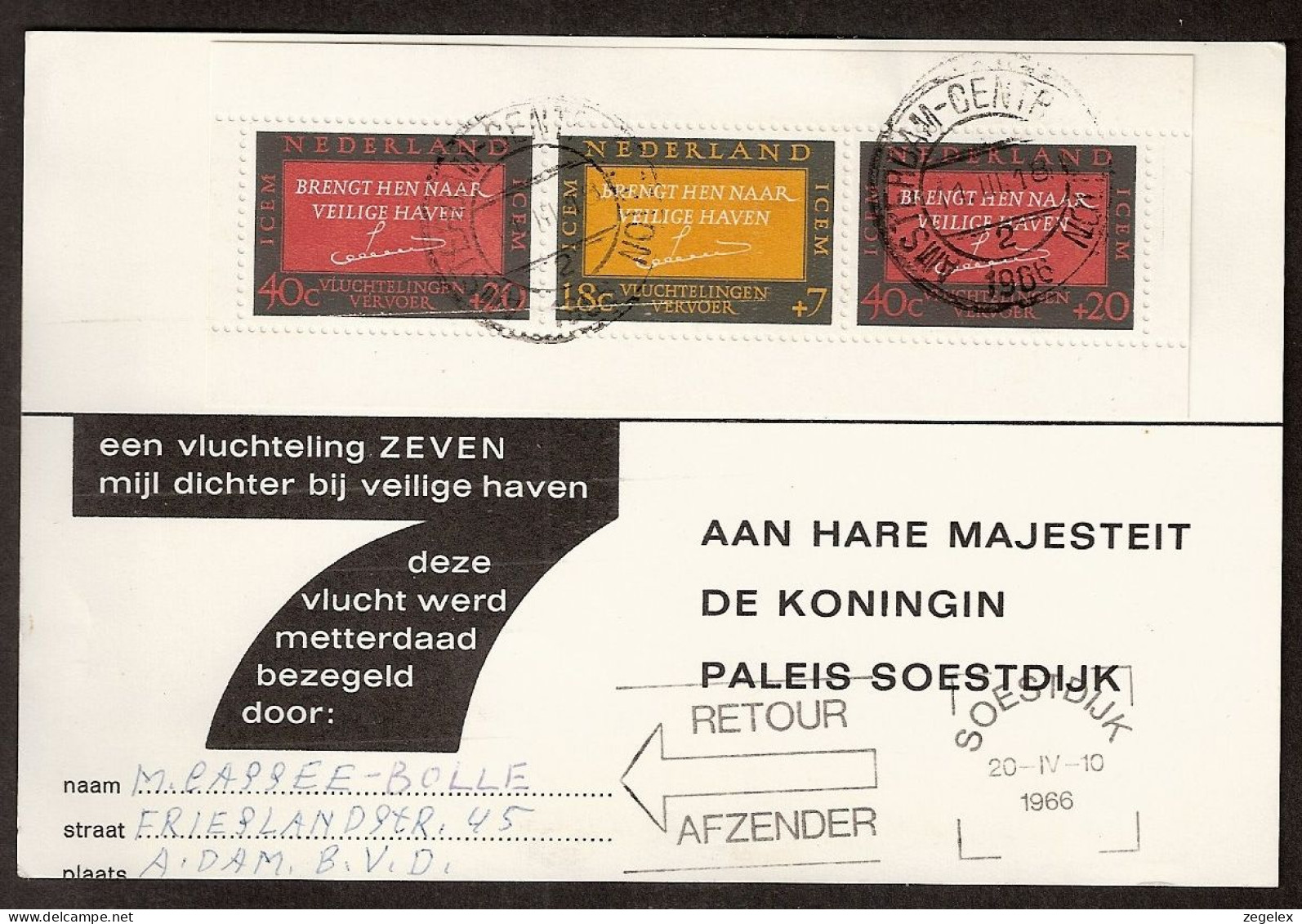 Refugees Sheet 1966 Sent To The Queen Of The Netherlands - ICEM Vluchtelingenvervoer  - Covers & Documents