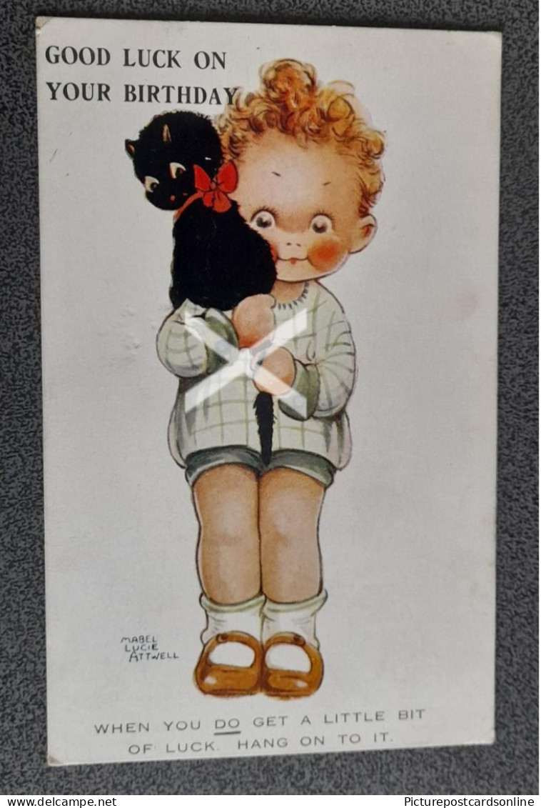 CHILD WITH BLACK CAT OLD COLOUR ART POSTCARD ARTIST SIGNED MABEL LUCIE ATTWELL VALENTINE NO. A672-3 - Attwell, M. L.